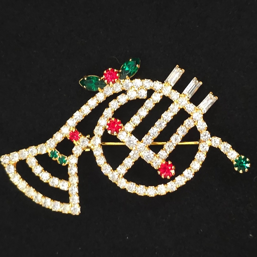 French Horn Glass Rhinestone Brooch Christmas Holiday Musical Gold Tone Pin 2.75